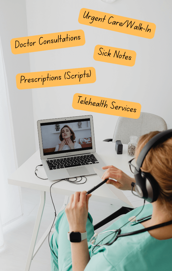 Patient explaining issue to doctor with text bubbles